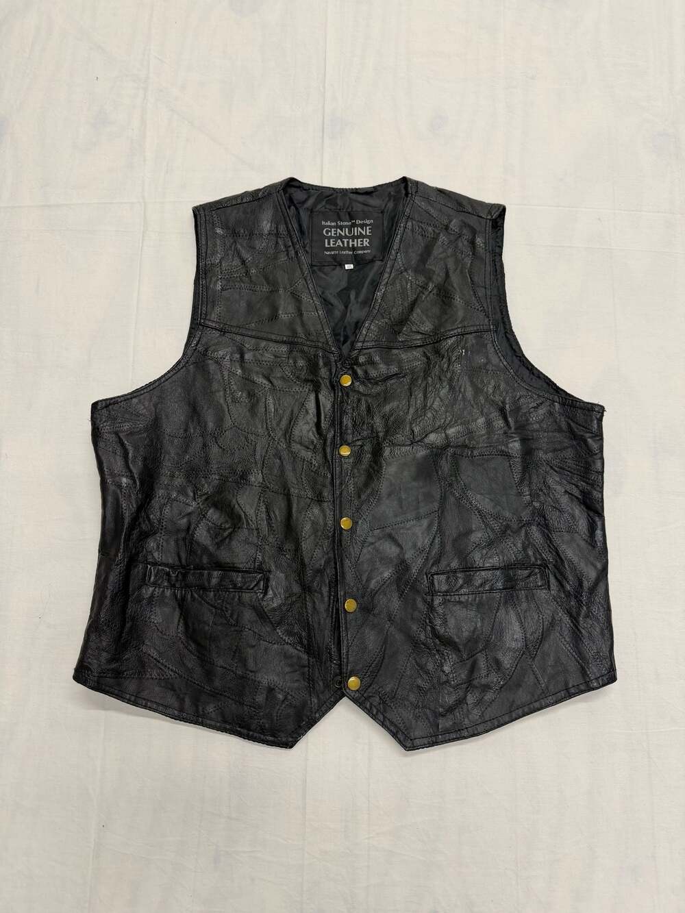 Navarre Leather Company Italian Stone Design Black Patchwork Leather Biker Vest